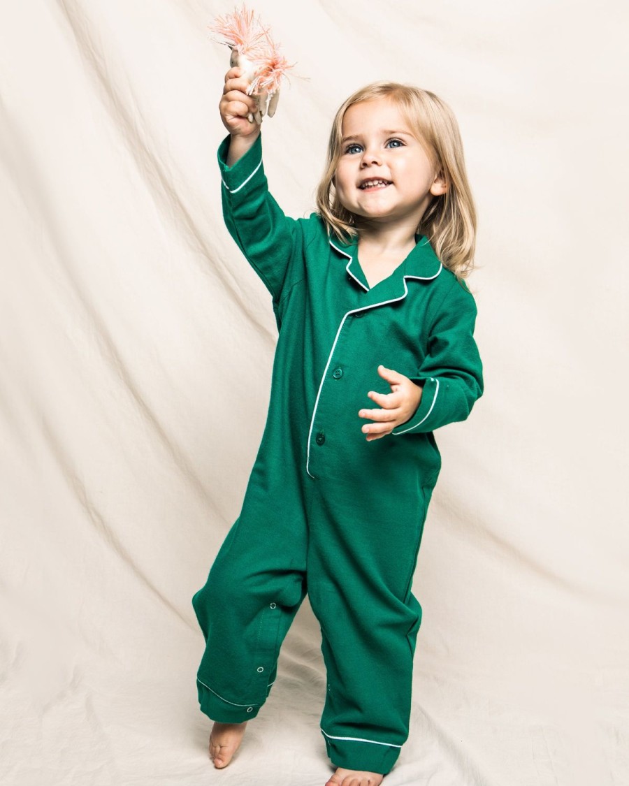 Enfants Petite Plume Barboteuse | Barboteuse En Flanelle Pour Bebe Vert Foret Avec Passepoil Blanc