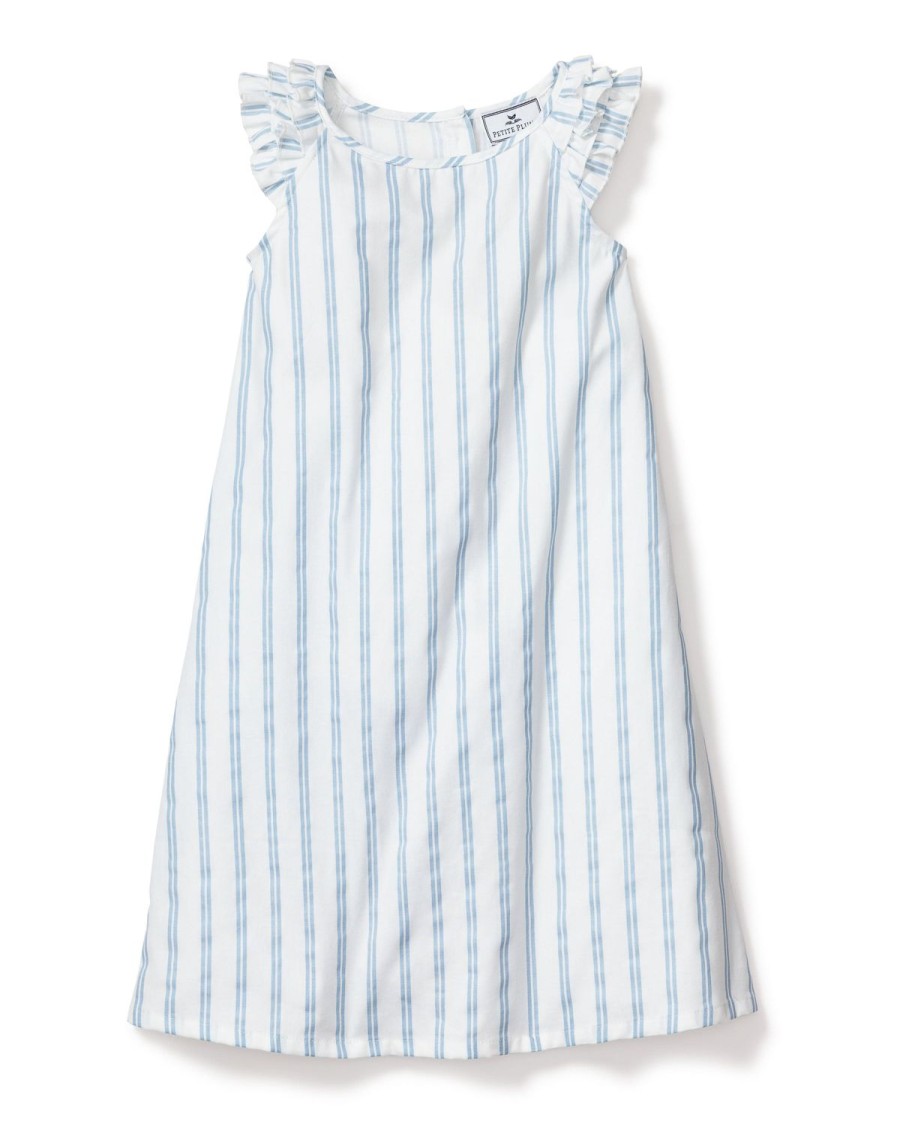 Enfants Petite Plume Chemises De Nuit | Chemise De Nuit Amelie En Serge Pour Fille A Rayures Pervenche