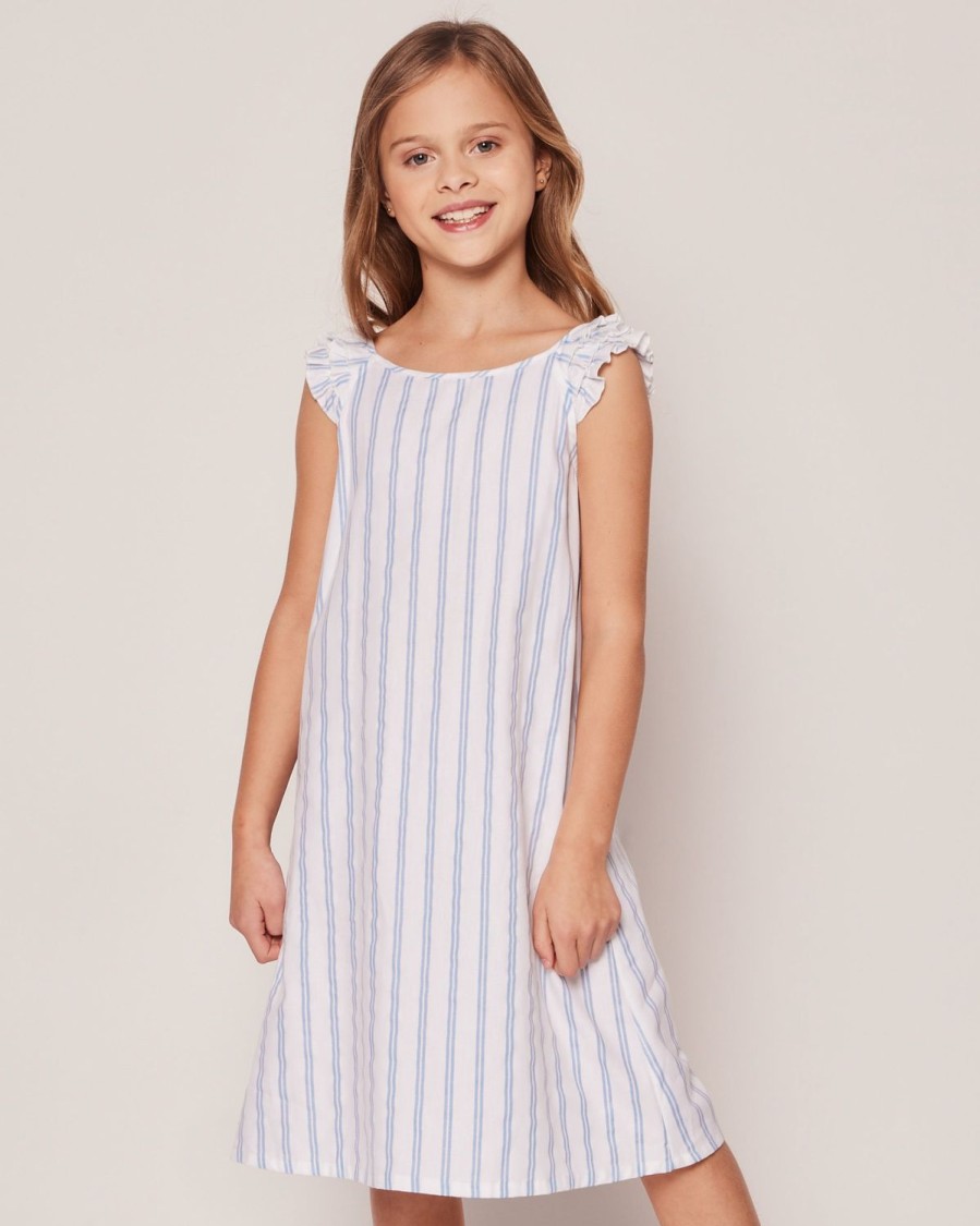 Enfants Petite Plume Chemises De Nuit | Chemise De Nuit Amelie En Serge Pour Fille A Rayures Pervenche