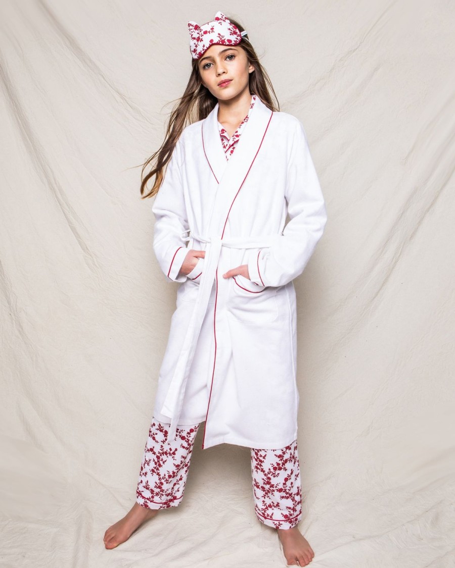 Enfants Petite Plume Peignoirs | Robe En Flanelle Pour Enfant En Blanc Avec Passepoil Rouge