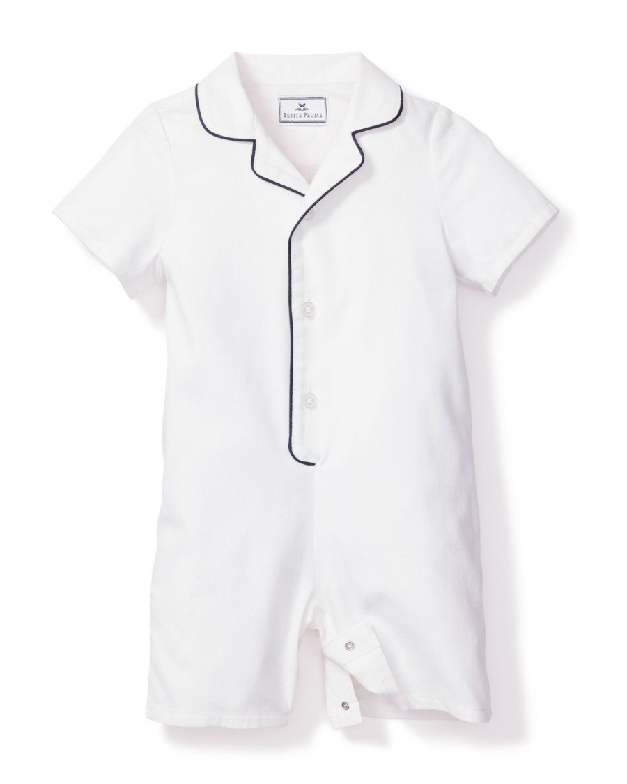 Enfants Petite Plume Barboteuse | Barboteuse D'Ete En Serge Pour Bebe En Blanc Avec Passepoil Bleu Marine