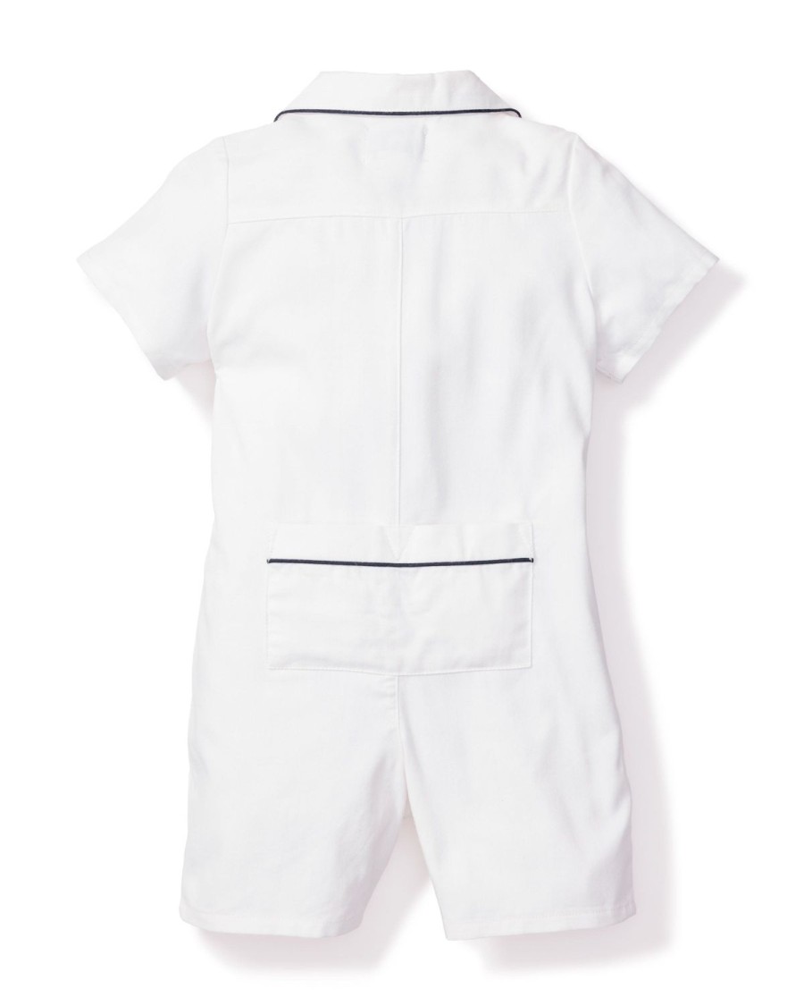 Enfants Petite Plume Barboteuse | Barboteuse D'Ete En Serge Pour Bebe En Blanc Avec Passepoil Bleu Marine