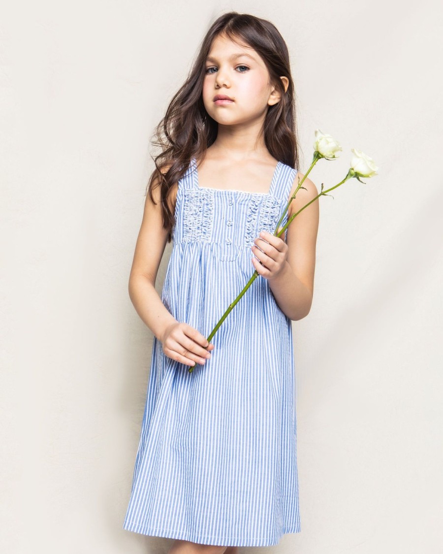 Enfants Petite Plume Chemises De Nuit | Chemise De Nuit Charlotte En Serge Pour Fille En Seersucker Bleu Francais