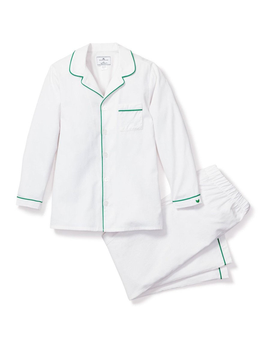 Enfants Petite Plume Pyjamas | Ensemble Pyjama En Serge Pour Enfant En Blanc Avec Passepoil Vert