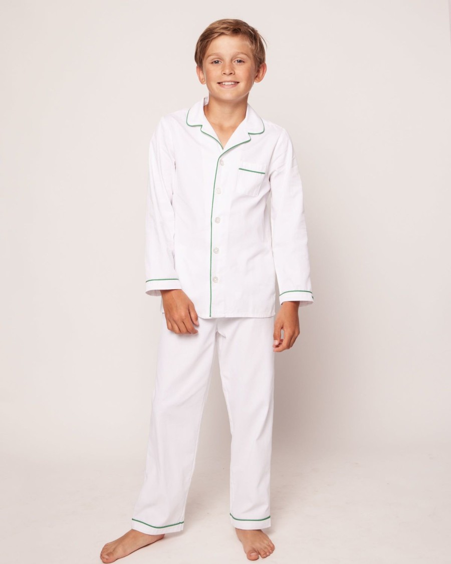 Enfants Petite Plume Pyjamas | Ensemble Pyjama En Serge Pour Enfant En Blanc Avec Passepoil Vert