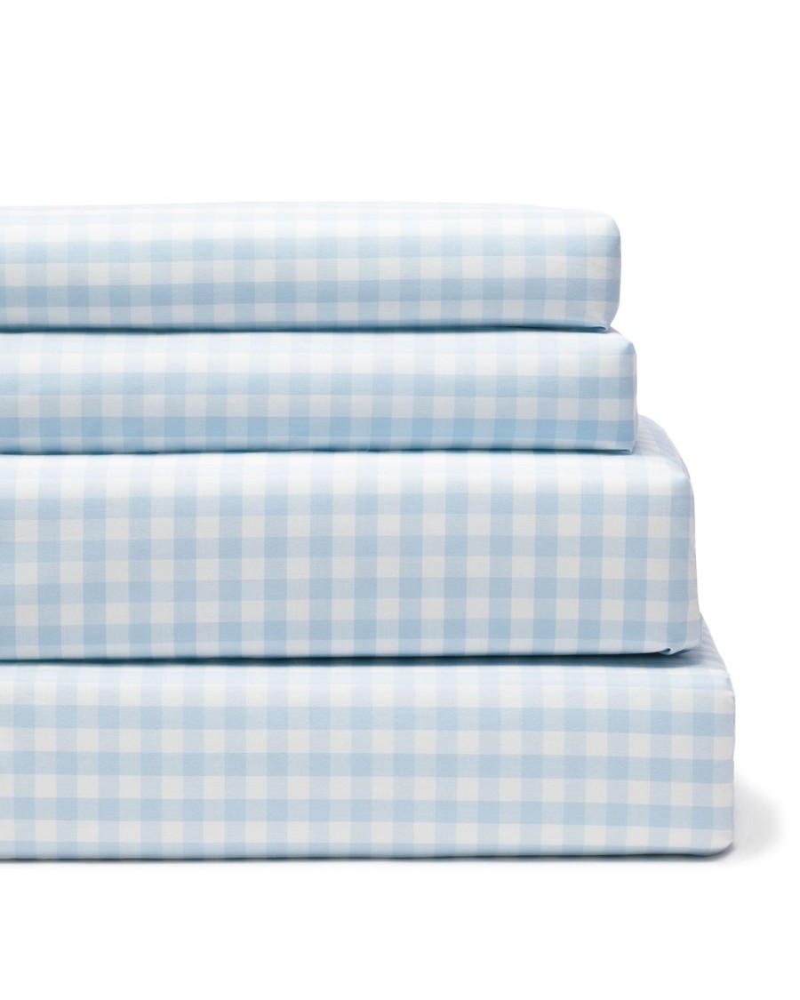 Maison Petite Plume Feuilles | Draps De Lit Luxe Premium 100 % Coton A Carreaux Vichy Bleu Clair