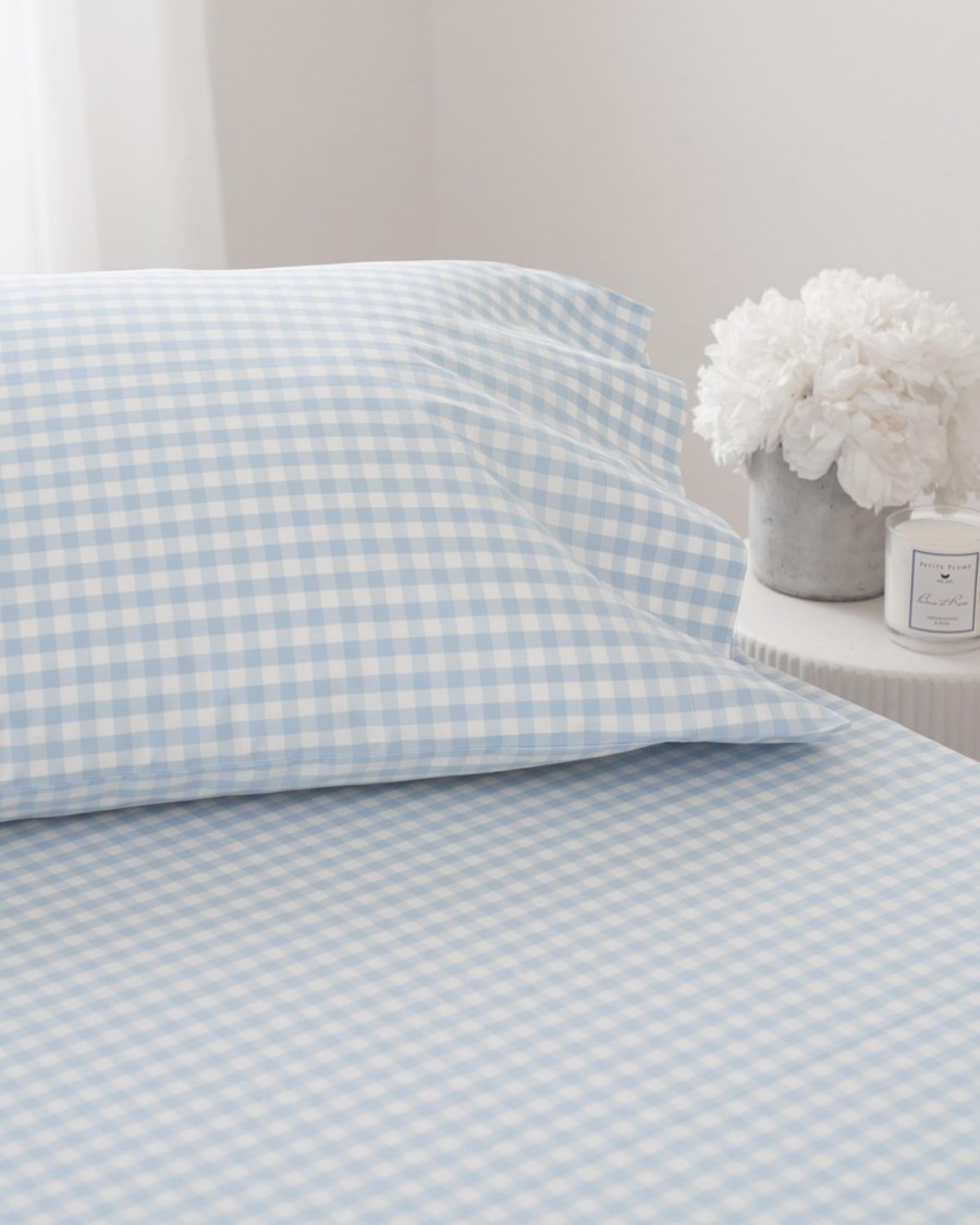 Maison Petite Plume Feuilles | Draps De Lit Luxe Premium 100 % Coton A Carreaux Vichy Bleu Clair