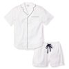 Hommes Petite Plume | Ensemble Pyjama Court En Serge Pour Hommes En Blanc Avec Passepoil Bleu Marine