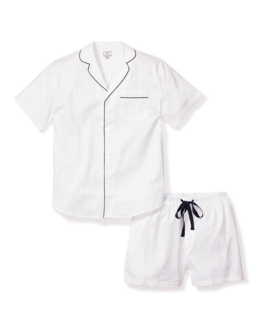 Hommes Petite Plume | Ensemble Pyjama Court En Serge Pour Hommes En Blanc Avec Passepoil Bleu Marine