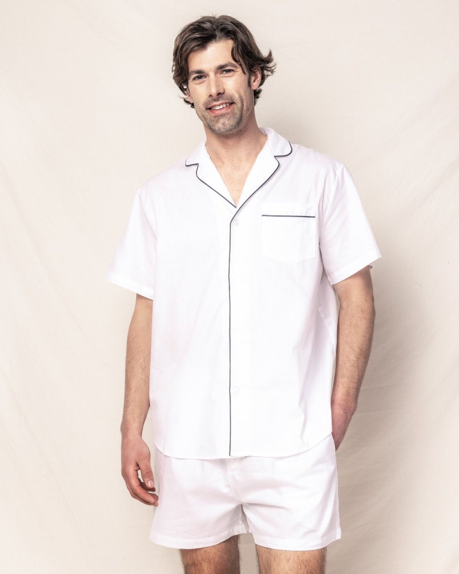 Hommes Petite Plume | Ensemble Pyjama Court En Serge Pour Hommes En Blanc Avec Passepoil Bleu Marine