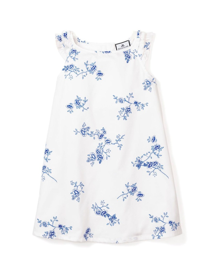 Enfants Petite Plume Chemises De Nuit | Chemise De Nuit Amelie En Serge Pour Fille A Fleurs Indigo