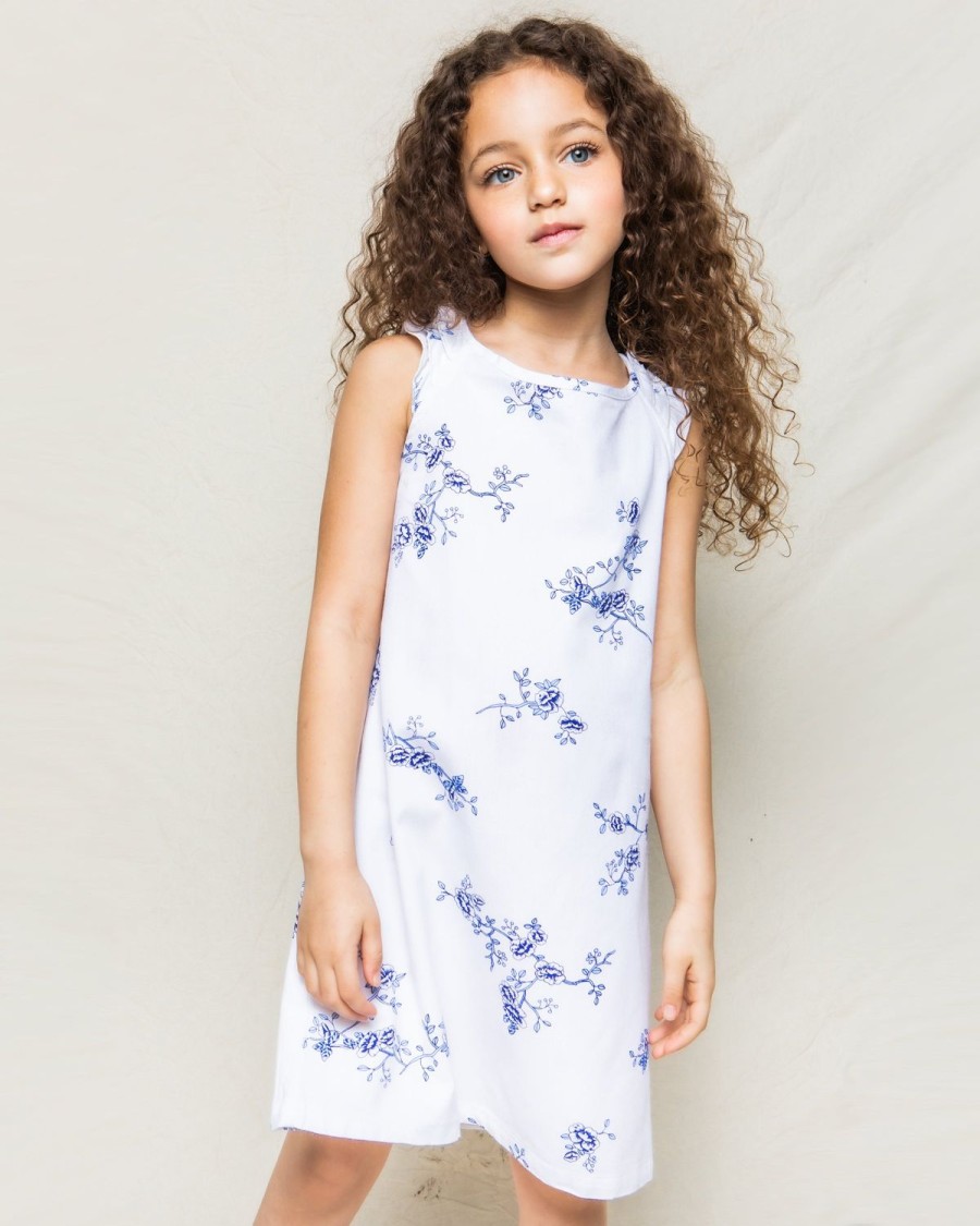 Enfants Petite Plume Chemises De Nuit | Chemise De Nuit Amelie En Serge Pour Fille A Fleurs Indigo