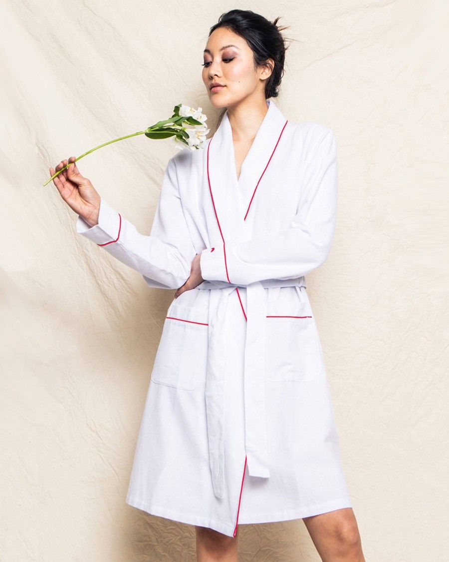 Femmes Petite Plume | Robe En Flanelle Pour Femmes En Blanc Avec Passepoil Rouge