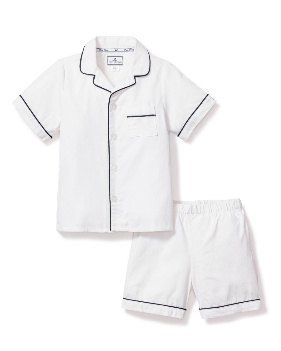 Enfants Petite Plume Pyjamas | Ensemble Pyjama Court En Serge Pour Enfant En Blanc Avec Passepoil Bleu Marine