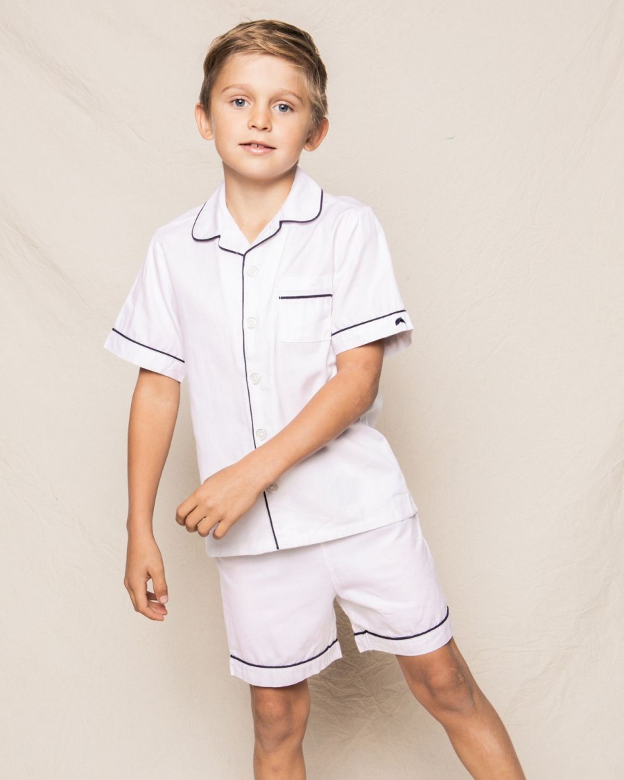 Enfants Petite Plume Pyjamas | Ensemble Pyjama Court En Serge Pour Enfant En Blanc Avec Passepoil Bleu Marine