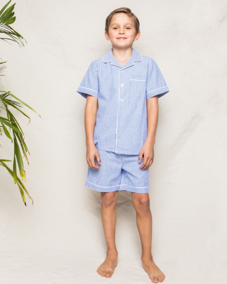 Enfants Petite Plume Pyjamas | Ensemble Pyjama Court En Serge Pour Enfant En Seersucker Bleu Francais