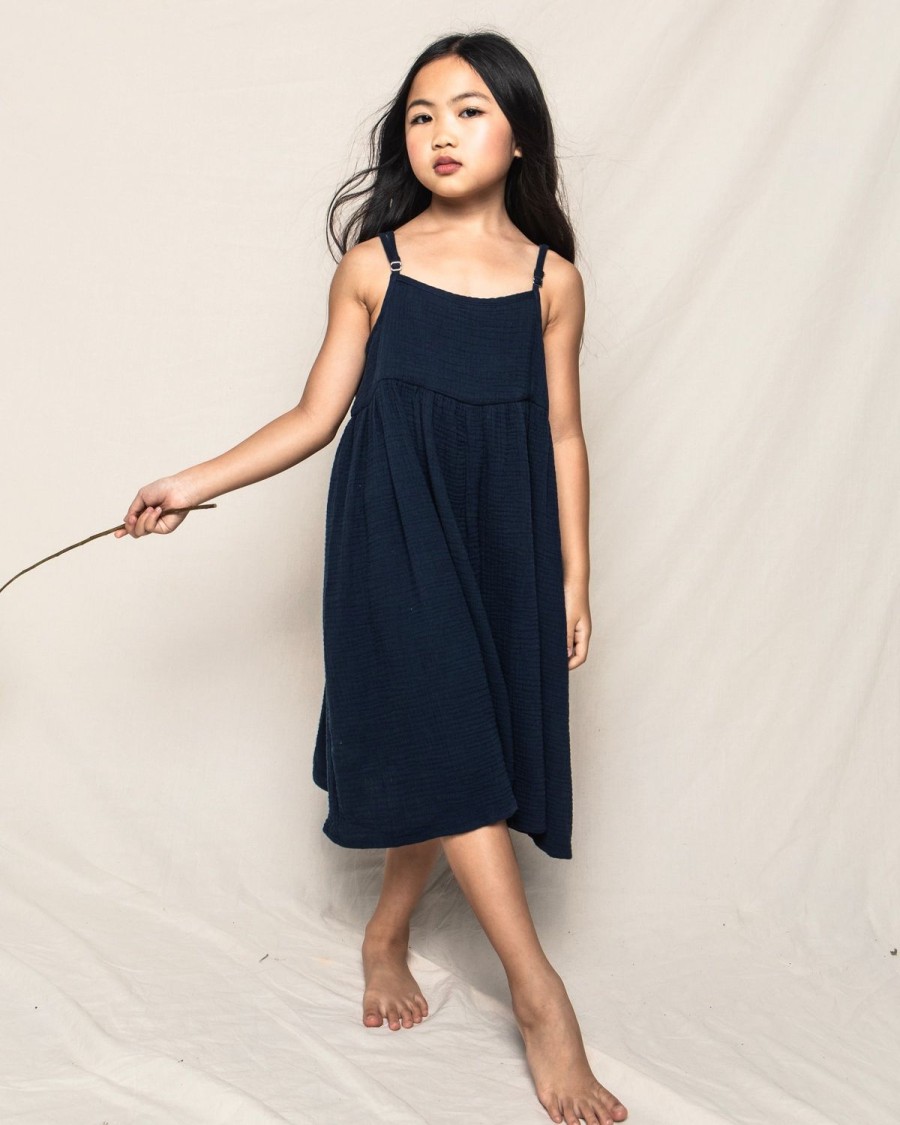 Enfants Petite Plume Vetements De Jour | Robe D'Ete Sereine En Gaze Pour Fille En Bleu Marine