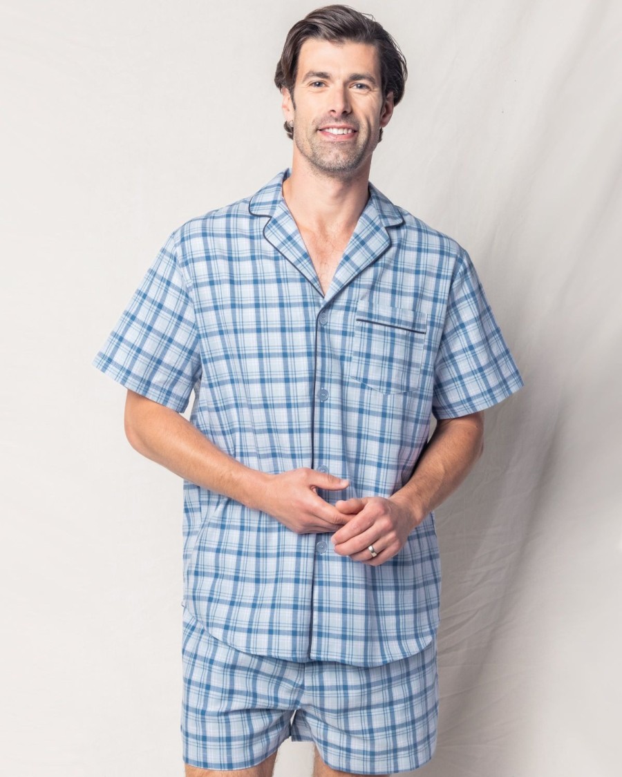 Hommes Petite Plume | Ensemble Pyjama Court En Serge Pour Hommes En Tartan Marin