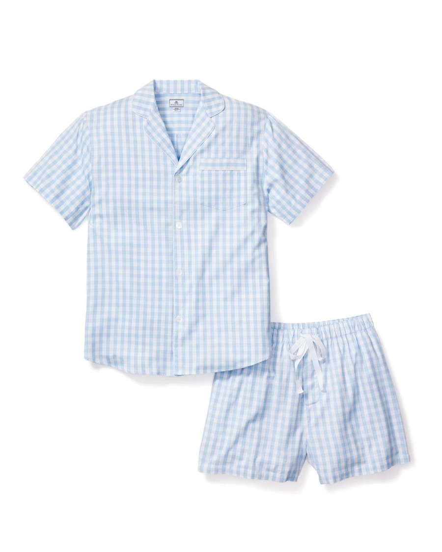 Hommes Petite Plume | Ensemble Pyjama Court En Serge Pour Hommes En Vichy Bleu Clair