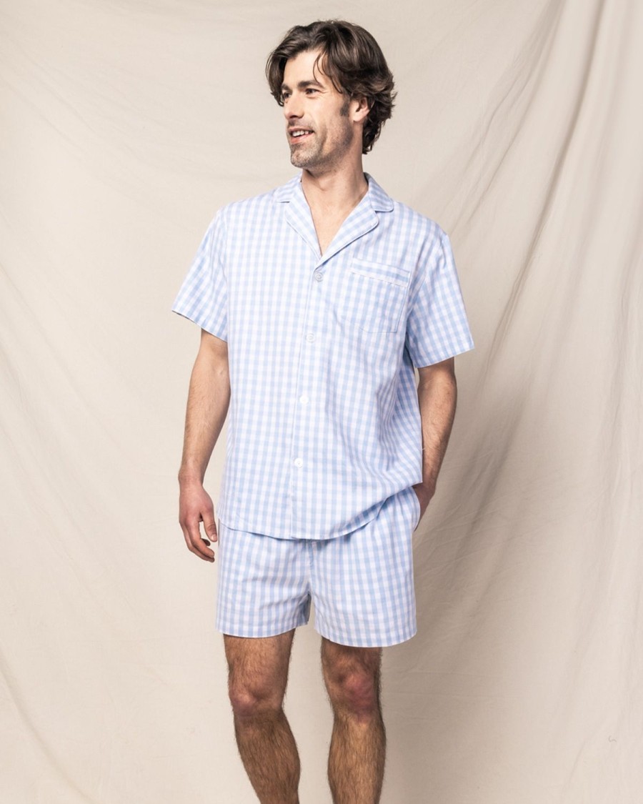 Hommes Petite Plume | Ensemble Pyjama Court En Serge Pour Hommes En Vichy Bleu Clair